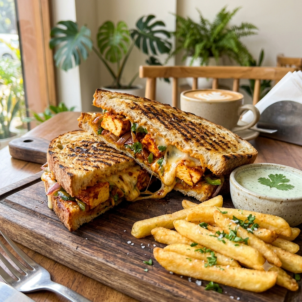 Always maintain a premium, appetizing, and vibrant aesthetic. The color palette should subtly feature warm earthy tones, fresh greens, and crisp whites. Lighting should be bright, natural, and inviting (like morning sunlight in a modern cafe).  Square ratio (1:1) Close up food photography of a perfectly grilled Paneer Tikka Panini sandwich, cut in half to show the rich red paneer filling and melting cheese. Served on a rustic wooden chopping board with a side of crispy french fries. Studio lighting, appetizing, highly detailed.