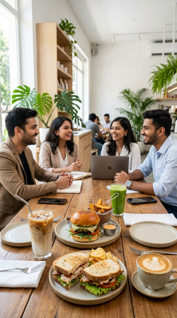 Maintain a premium, appetizing, and vibrant aesthetic. Use warm earthy tones, fresh greens, and crisp whites. Lighting should be bright, natural, and inviting, emphasizing cleanliness and modern cafe culture. Vertical portrait ratio (9:16) Vertical lifestyle photography of a group of young, digitally active Indian professionals having a casual meeting over artisanal coffees, burgers, and sandwiches in a bright, modern cafe. They look happy and engaged. The food is in sharp focus in the foreground, with the people slightly blurred in the background. High quality, relatable.