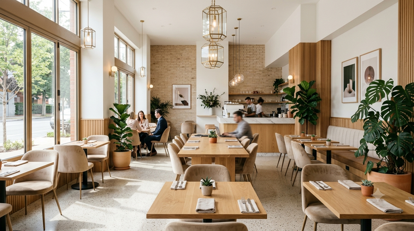 Maintain a premium, appetizing, and vibrant aesthetic. Use warm earthy tones, fresh greens, and crisp whites. Lighting should be bright, natural, and inviting, emphasizing cleanliness and modern cafe culture. Landscape ratio (16:9 or 3:2) An inviting, wide-angle interior photograph of a highly aesthetic modern cafe. The layout features comfortable beige seating, warm wooden tables, and elegant decor. Natural light streams in through large windows, creating soft shadows. The focus is on the premium, experience-led design of the restaurant space. Cinematic, architectural photography, 4k.