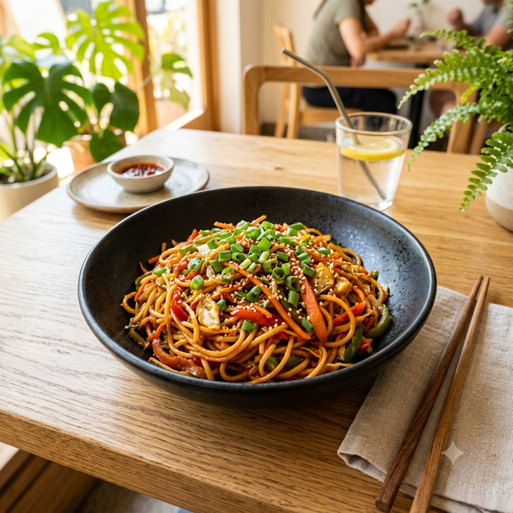 Always maintain a premium, appetizing, and vibrant aesthetic. The color palette should subtly feature warm earthy tones, fresh greens, and crisp whites. Lighting should be bright, natural, and inviting (like morning sunlight in a modern cafe).  Square ratio (1:1) Top-down food photography of spicy Schezwan wok noodles served in a premium matte black ceramic bowl, garnished with fresh spring onions and sesame seeds. Beside the bowl, a pair of wooden chopsticks. Warm ambient lighting, highly detailed, 4k.