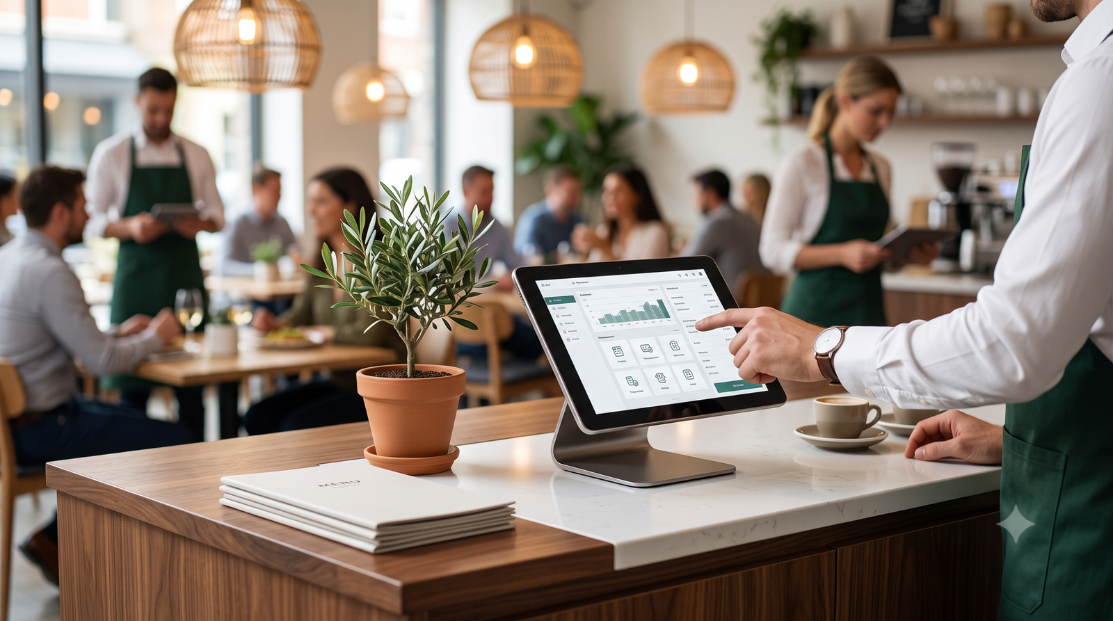 Since this is a B2B (Business to Business) page targeting investors and franchise partners, the aesthetic should be premium, professional, and successful. Use warm earthy tones, fresh greens, and crisp whites. Emphasize clean, modern spaces, busy crowds, and professional staff. Landscape ratio (16:9 or 3:2) A close-up, premium photograph of a sleek, modern cafe billing counter. The counter features a high-end digital POS system (tablet), warm wooden textures, and a small indoor green plant. In the blurred background, a beautiful cafe interior with wicker lights. The image conveys structured investment, technology, and modern operations. 4k, photorealistic.