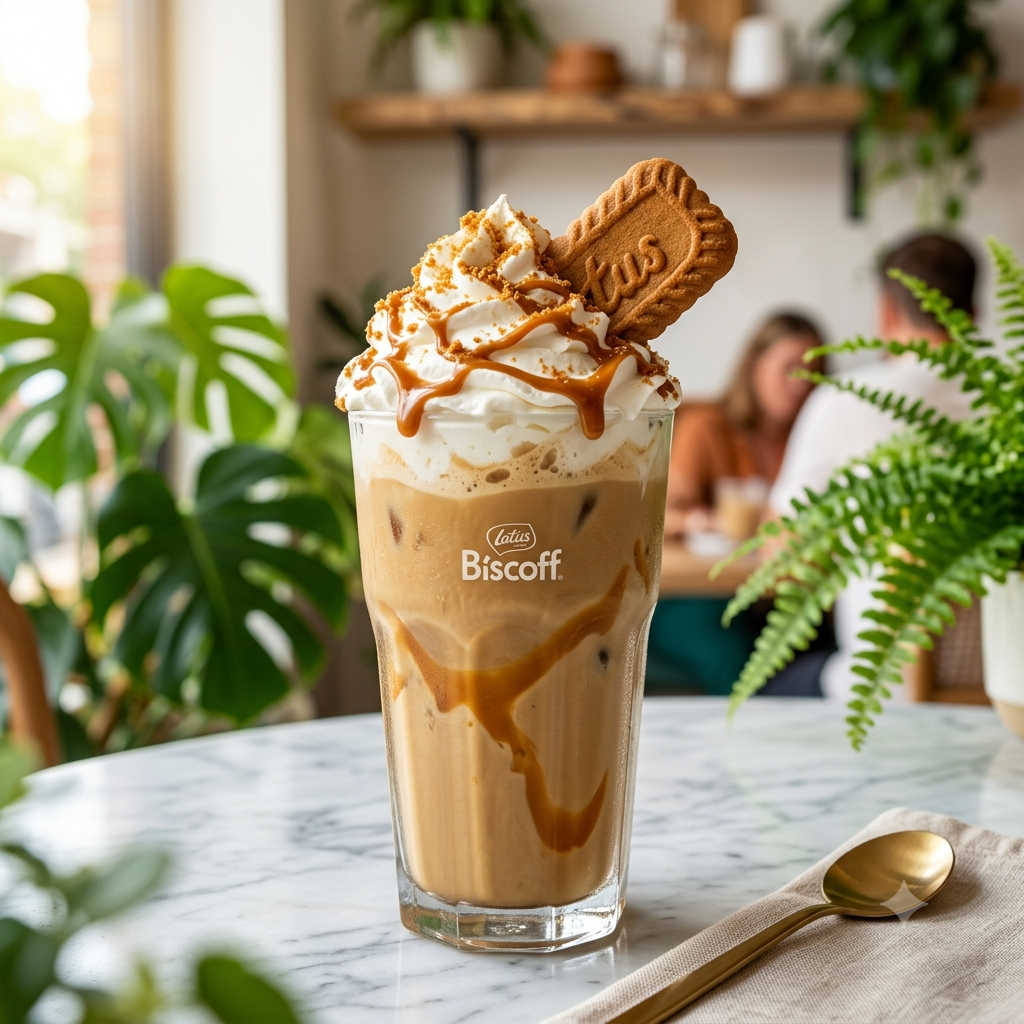 Always maintain a premium, appetizing, and vibrant aesthetic. The color palette should subtly feature warm earthy tones, fresh greens, and crisp whites. Lighting should be bright, natural, and inviting (like morning sunlight in a modern cafe). Square ratio (1:1) Close up food photography of a tall glass of thick Biscoff cold coffee, topped with generous whipped cream, caramel drizzle, and a biscoff cookie on top. Set on a marble cafe table with blurred green plants in the background. Bright lighting, highly detailed, mouth-watering, 4k.
