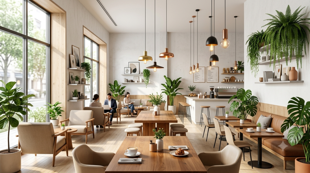 Always maintain a premium, appetizing, and vibrant aesthetic. The color palette should subtly feature warm earthy tones, fresh greens, and crisp whites. Lighting should be bright, natural, and inviting (like morning sunlight in a modern cafe).  Landscape ratio (16:9 or 3:2). A beautiful wide shot of a modern, aesthetic cafe interior. Featuring comfortable beige seating, warm wooden tables, elegant hanging pendant lights, and subtle indoor green plants. The space looks premium, spotless, and highly inviting. Cinematic lighting, architectural photography style.