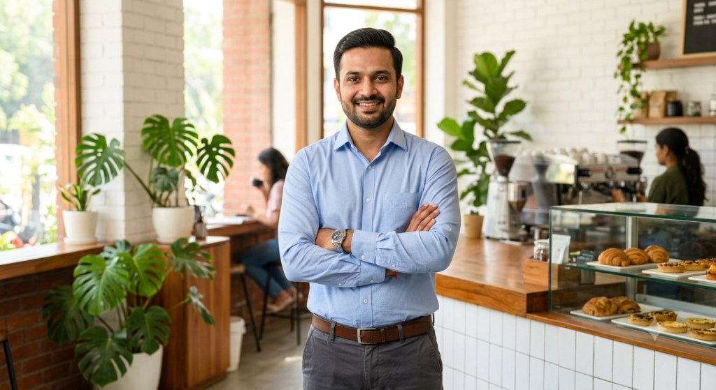 Maintain a premium, appetizing, and vibrant aesthetic. Use warm earthy tones, fresh greens, and crisp whites. Lighting should be bright, natural, and inviting, emphasizing cleanliness and modern cafe culture. A professional portrait of a confident, smiling Indian male franchise owner. He is wearing a smart casual outfit, standing proudly with his arms crossed inside a modern, well-lit cafe. He exudes success and trustworthiness. Crisp focus on the person, softly blurred cafe background. High resolution, corporate lifestyle photography.