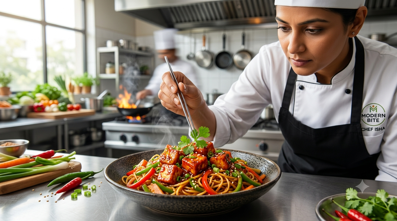 Maintain a premium, appetizing, and vibrant aesthetic. Use warm earthy tones, fresh greens, and crisp whites. Lighting should be bright, natural, and inviting, emphasizing cleanliness and modern cafe culture. Landscape ratio (16:9 or 3:2) Close up, dynamic food photography of a professional chef in a crisp white uniform delicately garnishing a premium dish of fiery Chilli Paneer and Wok Noodles in a high-end commercial kitchen. The focus is tightly on the vibrant colors of the fresh vegetables and the glossy sauces. Steam rising gently. Appetizing, ultra-detailed, 8k.
