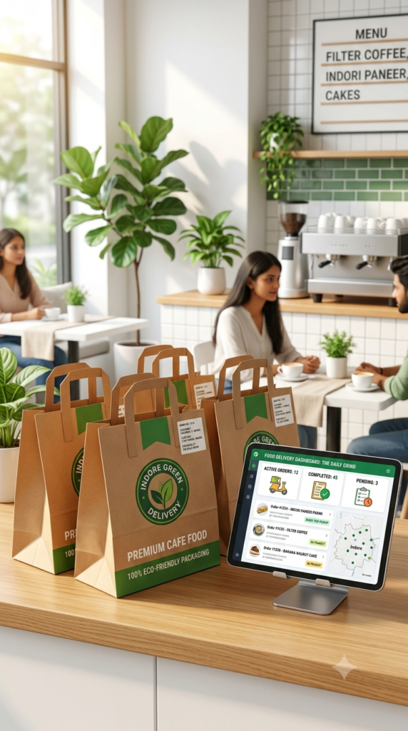 Maintain a premium, appetizing, and vibrant aesthetic. Use warm earthy tones, fresh greens, and crisp whites. Lighting should be bright, natural, and inviting, emphasizing cleanliness and modern cafe culture. Vertical portrait ratio (9:16) Vertical, highly detailed photograph of premium, eco-friendly brown paper food delivery bags with green branding accents, neatly arranged on a clean wooden cafe counter. Beside the bags is a sleek tablet showing an active food delivery dashboard. The background shows a slightly blurred, spotless cafe interior. Professional, modern business aesthetic, 8k.