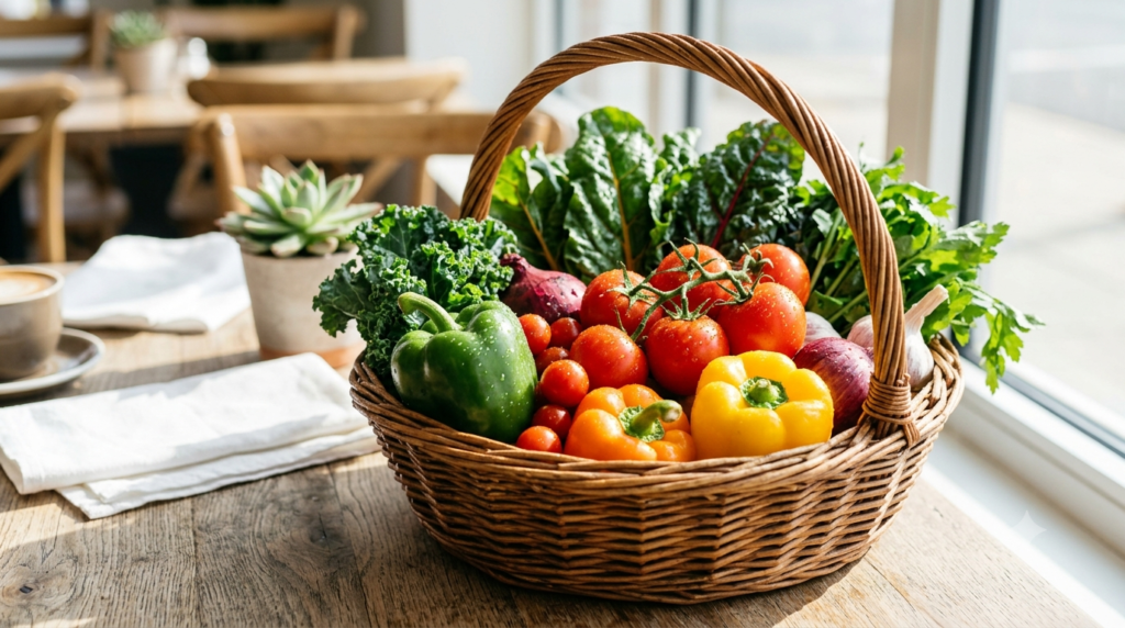 Always maintain a premium, appetizing, and vibrant aesthetic. The color palette should subtly feature warm earthy tones, fresh greens, and crisp whites. Lighting should be bright, natural, and inviting (like morning sunlight in a modern cafe). Landscape ratio (16:9 or 3:2). A bright, highly detailed photograph of fresh, vibrant, organic vegetables (tomatoes, bell peppers, leafy greens, onions) arranged beautifully in a rustic woven basket on a wooden table. Drops of fresh water on the vegetables. Bright morning sunlight, conveying freshness, health, and premium quality.