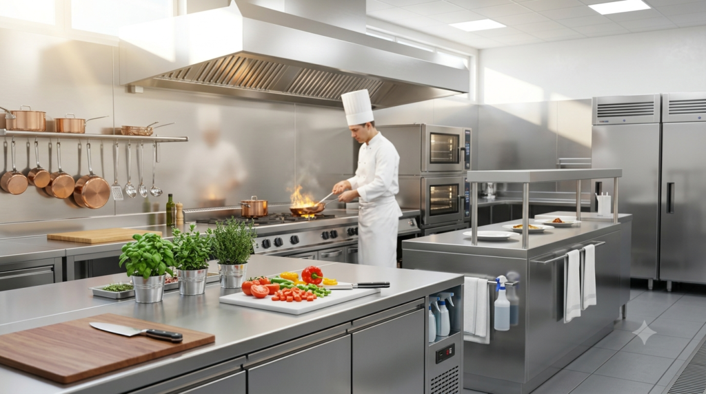 Always maintain a premium, appetizing, and vibrant aesthetic. The color palette should subtly feature warm earthy tones, fresh greens, and crisp whites. Lighting should be bright, natural, and inviting (like morning sunlight in a modern cafe).  Landscape ratio (16:9 or 3:2). A professional, ultra-clean, state-of-the-art commercial restaurant kitchen. The kitchen is gleaming with stainless steel surfaces. In the background, slightly blurred, a professional chef in a crisp white uniform and chef's hat is cooking. Bright, clinical yet inviting lighting, emphasizing extreme hygiene and modern standards.