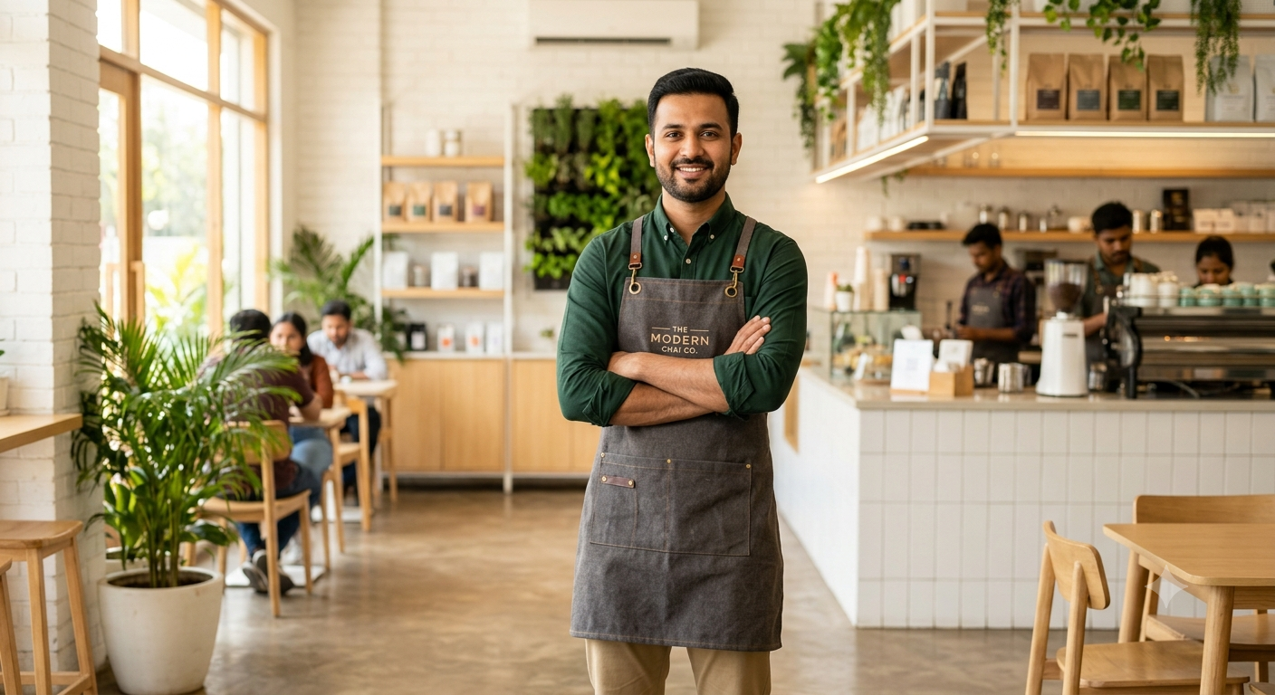 Always maintain a premium, appetizing, and vibrant aesthetic. The color palette should subtly feature warm earthy tones, fresh greens, and crisp whites. Lighting should be bright, natural, and inviting (like morning sunlight in a modern cafe).  "A professional portrait of a confident, smiling Indian male cafe owner or franchise partner. He is wearing a smart casual outfit with a stylish dark apron, standing proudly with his arms crossed inside a modern, well-lit cafe. He exudes success and trustworthiness. Crisp focus on the person, softly blurred cafe background. High resolution, corporate lifestyle photography."