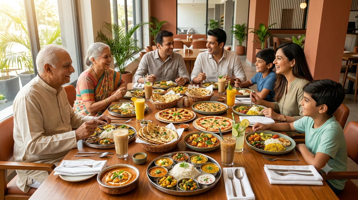 Maintain a premium, appetizing, and vibrant aesthetic. Use warm earthy tones, fresh greens, and crisp whites. Lighting should be bright, natural, and inviting, emphasizing cleanliness and modern cafe culture. Landscape ratio (16:9 or 3:2) A warm, lifestyle photograph of a modern, multi-generational Indian family laughing and enjoying a grand meal together at a premium cafe. The table is filled with delicious vegetarian Indian platters, pizzas, and cold beverages. Authentic expressions, vibrant atmosphere, highly detailed, photorealistic.