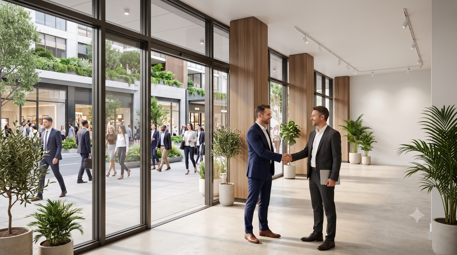 Since this is a B2B (Business to Business) page targeting investors and franchise partners, the aesthetic should be premium, professional, and successful. Use warm earthy tones, fresh greens, and crisp whites. Emphasize clean, modern spaces, busy crowds, and professional staff. Landscape ratio (16:9 or 3:2) A wide architectural photograph of a premium, empty commercial retail space on a bustling high-street or luxury mall, ready to be transformed into a cafe. The space has large glass frontages and modern pillars. Two professional business partners are standing in the foreground, shaking hands. Corporate, aspirational, highly detailed.
